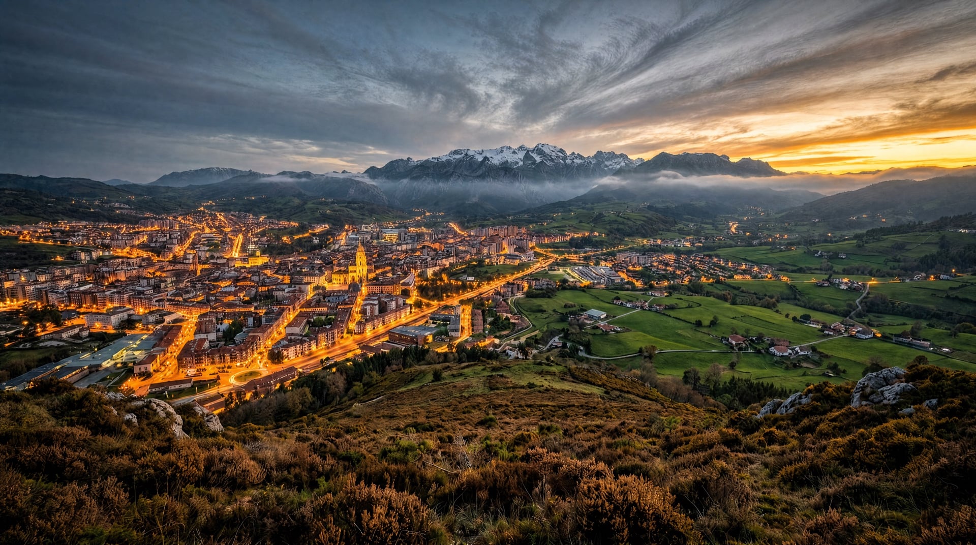Asturias at sunset, with the Picos de Europa in the background